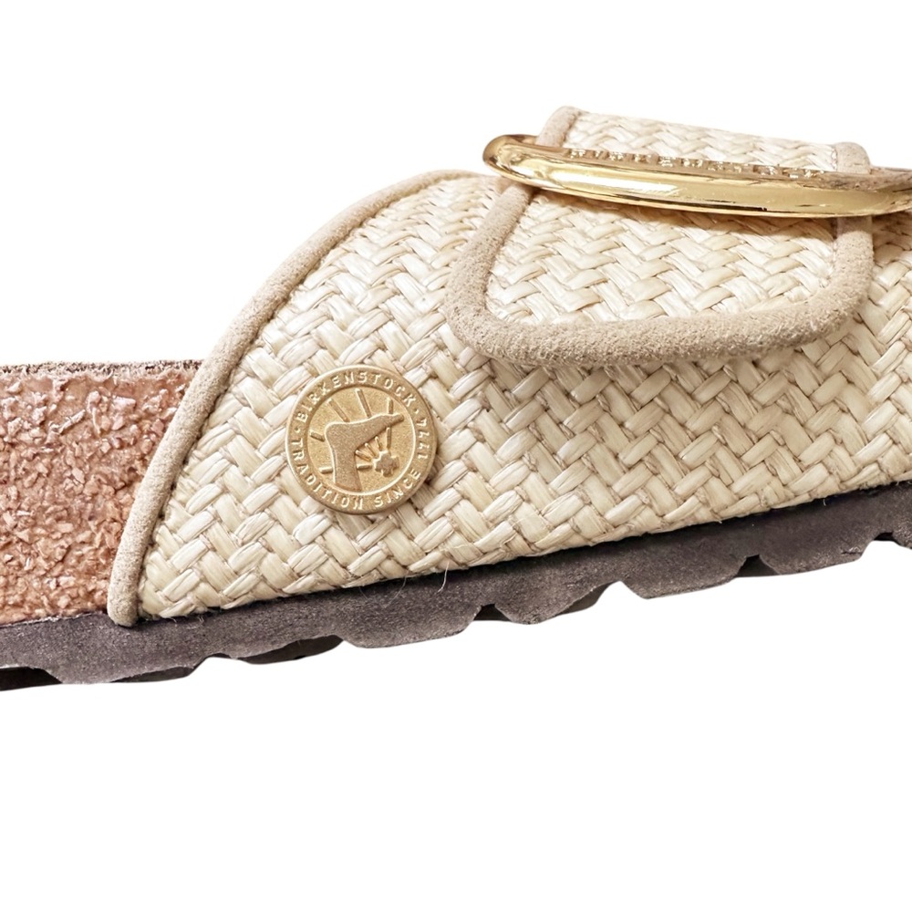 Birkenstock Cream Raffia Single-Strap Slide Sandals with Gold Buckle Detail. - Picture 4 of 13